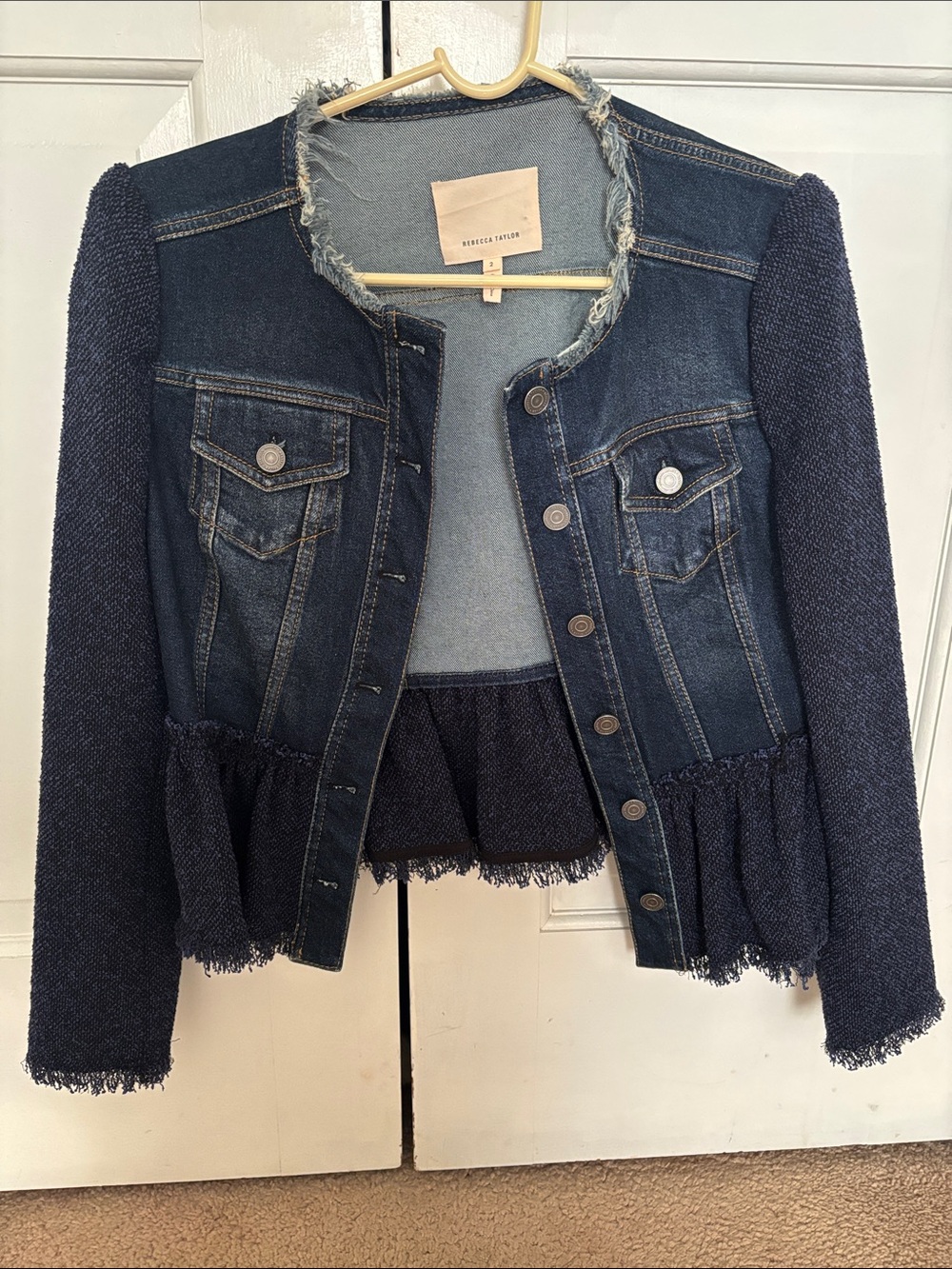 Rebecca Taylor Dark Indigo Denim & Navy Tweed Peplum Jacket